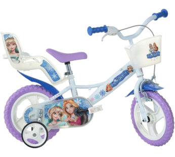 Bicicleta cu pedale, Dino Bikes, Craiasa Zapezii, Cu roti ajutatoare, Cu cosulet frontal, Cu scaunel pentru papusa, 12 inch, Pana la 40 kg, 3 ani+, Multicolor