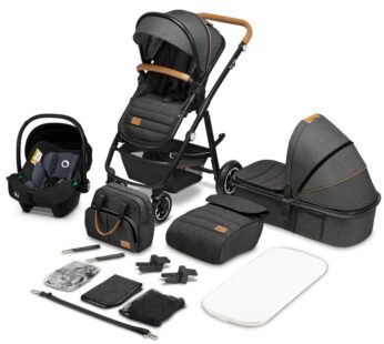 Carucior 3 in 1, Lionelo, Amber, Cadru aluminiu, Cu landou intarit si salteluta moale, Cu scoica auto testata ADAC, Reversibil, Cu accesorii, Geanta parinti, Pana la 22 kg, Gri Inchis