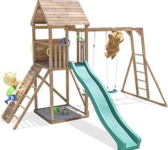 Complex de joaca FrontierFort Max cu Monkey Bars si 2 leagane, tobogan verde 2.9 m, Dunster House