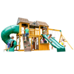 Complex de joaca din lemn, max 10 copii, 3 leagane, 3 tobogane, Adventure Bend Swing Set, Cedar Summit F29720