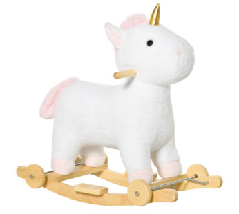 HOMCOM Balansoar pentru copii 2 in 1cu Roti, Sunete Integrate, Balansoar Unicorn Leagan 36-72 luni,63x38x63cm, Alb | Aosom Romania