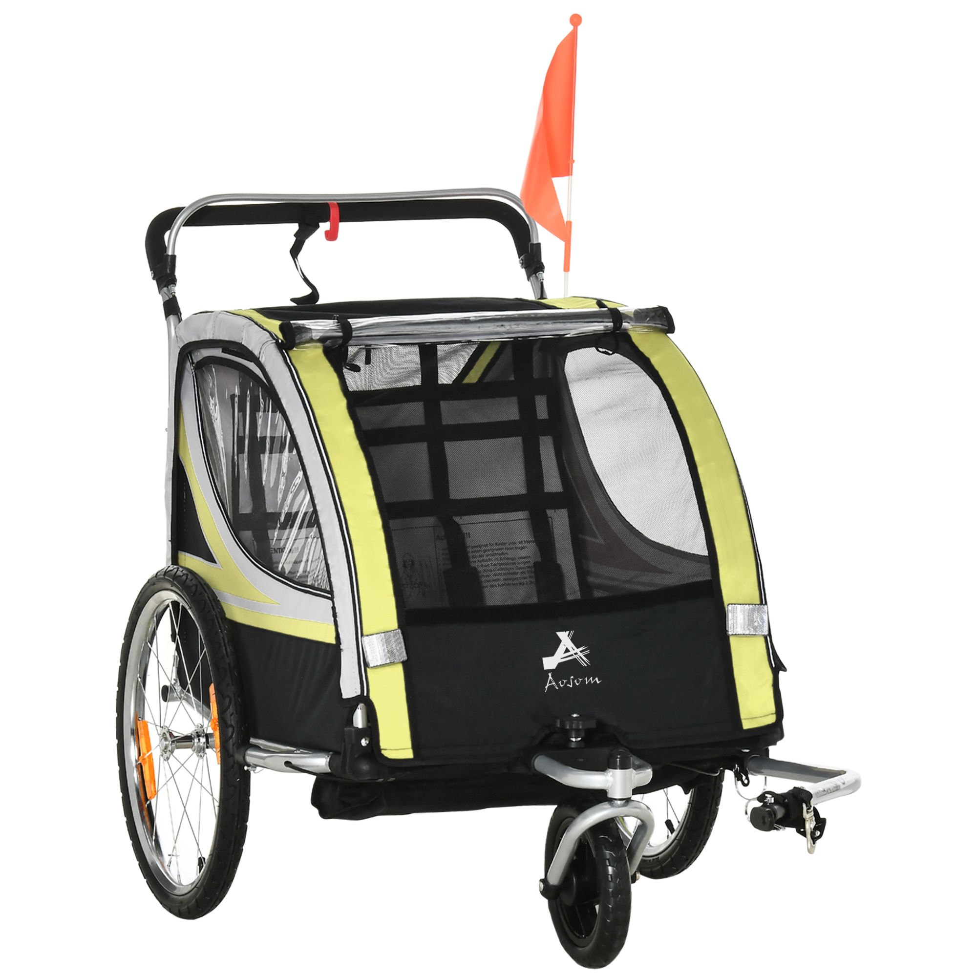 HOMCOM Remorca pentru bicicleta pentru copii 2 in 1, centura in 5 puncte, geanta de depozitare, reflector, steag, galben | Aosom Romania
