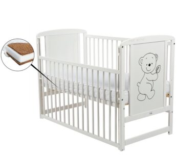 Patut din lemn bebe, 120×60 cm, Cu laterala culisanta, Din lemn de pin si mdf, Stabil si rezistent, Inaltime saltea reglabila pe 3 nivele, Laterala cu 3 bete detasabile, EN716-1, EN716-2, Alb, Babyneeds, Timmi + Saltea 10 cm