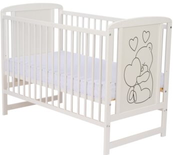 Patut din lemn cu roti Timmi Heart Qmini 120×60 cm din lemn de pin mdf somiera reglabila alb