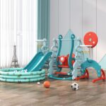 Spatiu de joaca 4 in 1 cu leagan,tobogan si piscina cu 200 bile joaca incluse Nichiduta Garden Tower Blue