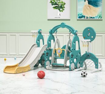 Spatiu de joaca 4in1 Nichiduta Garden Happy Turtle Arcada Blue cu Tobogan, Leagan cu bara de protectie detasabila, Jucarie muzicala, Cos de baschet cu inaltime reglabila, Minge si Poarta de fotbal