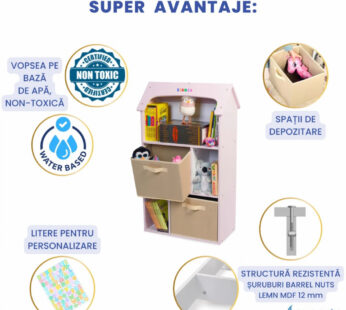 Biblioteca copii Suporto Organizator tip casuta cu raft pentru carti din lemn MDF roz