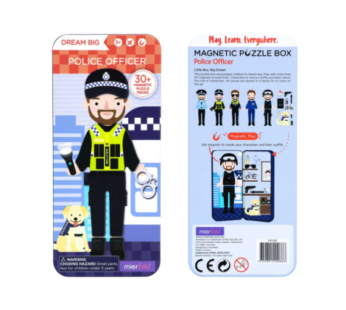 Puzzle magnetic in cutie metalica, joc de potrivire si asociere – Politist