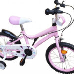 Bicicleta pentru copii Novokids Crystal Bike Roz, Roti 16 inch, Maxim 35 kg, Cadru din otel, Roti ajutatoare, Ghidon si sa reglabile pe inaltime
