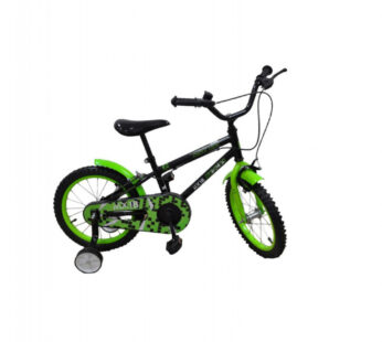 Bicicleta pentru copii Novokids My first Bike Verde Negru, roti 16 inch, greutate admisa 35 kg, cadru din otel, roti ajutatoare, ghidon reglabil pe inaltime