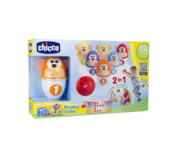 Joc bowling, Chicco, Monkey Strike, Cu 6 popice care pot fi impartite pe jumatate, Cu minge, Stimuleaza abilitatile motorii si de coordonare, 18 luni+, Multicolor