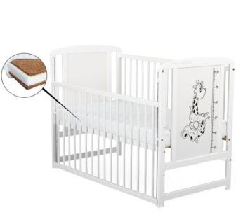 Patut din lemn bebe, 120×60 cm, Cu laterala culisanta, Din lemn de pin si mdf, Stabil si rezistent, Inaltime saltea reglabila pe 3 nivele, Laterala cu 3 bete detasabile, EN716-1, EN716-2, Alb, Babyneeds, Timmi Girafa + Saltea 12 cm