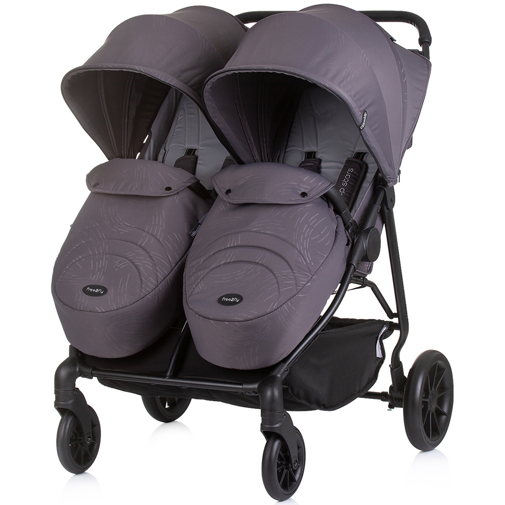 Carucior pentru gemeni Chipolino Top Stars anthracite cu spatar reglabil, suspensii, suport picioare ajustabil, bara de protectie detasabila si accesorii