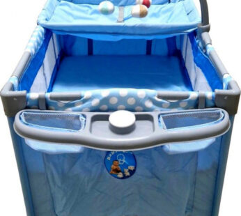 Patut copii Baby Care PRO FMAT Albastru, Pliabil, 2 Niveluri de inaltime, Melodii, Masa infasat, Carusel cu jucarii din plus, Plasa insecte
