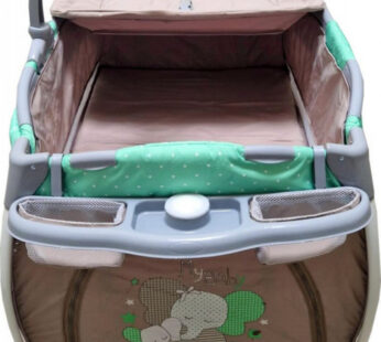 Patut pentru copii Baby Care PRO FRW Maro Verde Pliabil, cu Balansoar, 2 Nivele de inaltime, Melodii, Masa infasat, Carusel cu jucarii din plus, Plasa insecte