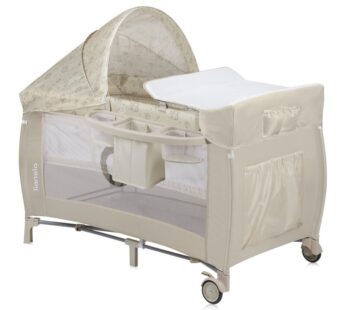 Patut pliant, Lionelo, Sven Plus, 120×60 cm, Cu doua nivele, Cu arcada jucarii, masuta de infasat, vibratii, melodii, conform cu standardele europeane de securitate EN716 si EN12221, Bej Latte