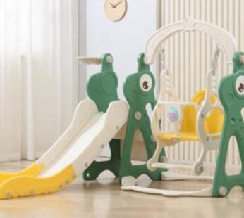 Spatiu de joaca pentru copii 3in1 Nichiduta Garden Green Dinosaur interiorexterior cu tobogan, leagan cu bara de protectie detasabila, jucarie muzicala, cos de baschet, dimensiune 150 x 135 x 116 cm