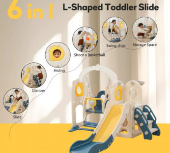 Spatiu de joaca pentru copii 3in1 Nichiduta Garden Blue de interiorexterior, cu platforma, tobogan, leagan cu bara de protectie detasabila, jucarie muzicala, cos de baschet, dimensiune 170 x 145 x 110 cm