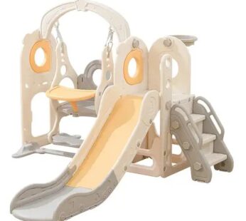 Spatiu de joaca pentru copii 3in1 Nichiduta Garden Grey de interiorexterior, cu platforma, tobogan, leagan cu bara de protectie detasabila, jucarie muzicala, cos de baschet, dimensiune 170 x 145 x 110 cm