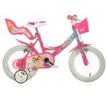 Bicicleta pentru fetite Disney Princess 14 inch Dino Bikes, varsta 4-7 ani si inaltimea de 94-128 cm, frana de mana pe ambele roti, roti ajutatoare, cosulet si scaunel pentru papusa