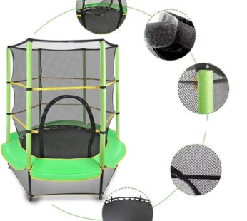 Trambulina copii, diametru 140 cm, maxim 45 kg, cu plasa de protectie, scara acces, verde