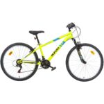 Bicicleta Dino Bikes 26 inch MTB Ring galben, pentru copii cu varsta de peste 11 ani si o inaltime de peste 145 cm transmisie Shimano cu 18 viteze, suspensii la roata din fata, cric, frana de mana pe roata fataspate