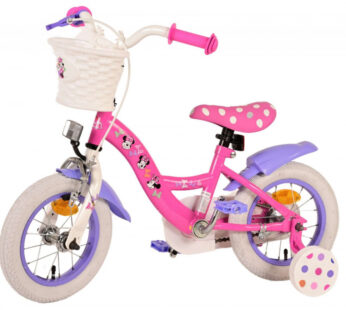Bicicleta pentru copii EL Minnie Mouse 12 inch Bow Tie, pentru copii cu varsta cuprinsa intre 3 si 4.5 ani, cu o inaltime intre 92 la 104, frana de mana fata, frana de picior spate, stopuri reflectorizante, roti ajutatoare
