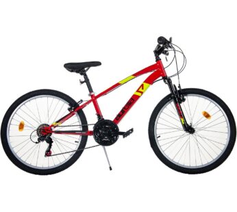 Bicicleta copii Dino Bikes MTB Ring rosu 24 inch, de la 9 ani, inaltimea recomandata 135-145 cm, anvelope gonflabile, transmisie Shimano cu 18 viteze, suspensii la roata din fata, frana de mana pe roata fataspate