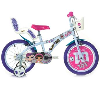 Bicicleta copii Lol Dino Bikes-614LOL 14 inch, varsta 4-7 ani, inaltimea 95-115 cm, roti ajutatoare, frana pe ambele roti, cosulet si scaunel pentru papusa