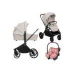 Carucior 3 in 1, Lionelo, Mika Plus, Cu scoica auto Roz testata ADAC, Reversibil, Cu sistem de ventilatie 3D, Cu accesorii, Pana la 22 kg, EN1888-1 EN1888-2 EN1466 ECE R129, Bej