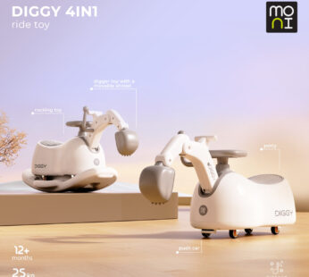 Excavator fara pedale Moni Diggy Grey tranformabil 4in1 cu Cupa mobila,Baza detasabila si transformare in balansoar,Olita incorporata,Sezut confortabil,Efecte muzicale si lumini,Recomandat de la 12luni,Greutate admisa 25kg