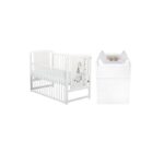 Set mobilier pentru copii, BabyNeeds: Patut din lemn de pin si MDF, cu laterala culisanta, somiera reglabila in 3 trepte, Timmi Girafa, 120x60 cm + Saltea cocos-burete-cocos, 12 cm + Comoda cu masuta de infasat, Alb