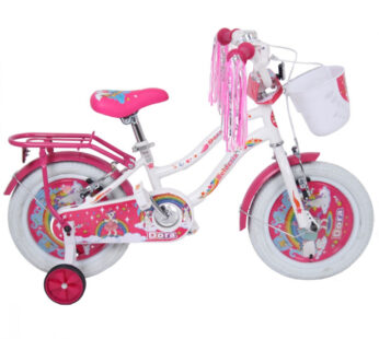 Bicicleta pentru copii Belderia Dora Alb 5-8 ani, roti 16 inch, roti ajutatoare si frane V-Brake, cosulet si portbagaj