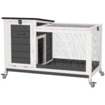 PawHut Hutch pentru iepuri din lemn cu spațiu de joacă rotițe acoperiș pliabil pentru interior, exterior 92 x 52 x 67 cm Gri închis | Aosom Romania