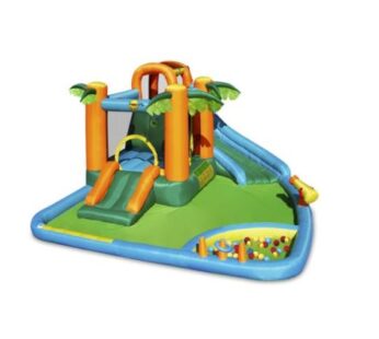 Saltea gonflabila oasis 7 in 1, cu loc de joaca cu bile, tun cu apa, spatiu de catarat, doua tobogane, 30 bile plastic inlcuse