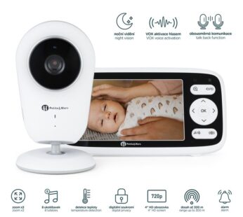 Video monitor, Petite&Mars, Nano 4.0, Ecran HD, Zoom digital 3×, Raza de actiune 300m, Suport pentru pana la 4 camere, Comunicare bidirectionala, 8 melodii, Alb