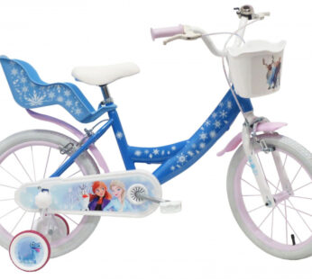 Bicicleta pentru copii Denver Disney Frozen 16 inch, frana de mana pe ambele roti, clopotel, roti ajutatoare detasabile, suport pentru papusi, cosulet transport pe ghidon