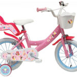 Bicicleta pentru copii Denver Disney Princess 14 inch, frana de mana pe ambele roti, clopotel, roti ajutatoare detasabile, suport pentru papusi, cosulet transport pe ghidon