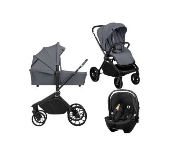 Carucior 3 in 1, Lionelo, Mika Plus, Cu scoica auto Moxie Black Carbon, Reversibil, Cu sistem de ventilatie 3D, Cu accesorii, Pana la 22 kg, EN1888-1 EN1888-2 EN1466 ECE R129, Gri