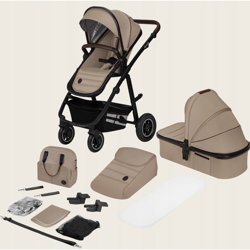 Carucior pentru copii Lionelo Amber Bej, 2 in 1, cadru aluminiu, cu landou intarit si salteluta moale, reversibil, maner ajustabil, accesorii, pana la 22 kg, EN1888-1