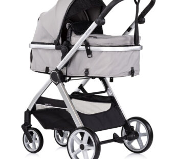 Carucior 3 in 1 pentru copii Chipolino Vista Cloud Grey, transformabil, cadru din aluminiu, sezut reversibil, maner reglabil, suspensii, husa de picioare, geanta, greutate suportata 22 kg