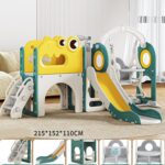 Spatiu de joaca pentru copii Nichiduta Garden greenwhite, de interiorexterior, Leagan muzical cu masuta, scari de acces si tobogan, cadru stabil si robust, dimensiune 215 x 152 x 110 cm