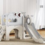 Spatiu de joaca pentru copii Nichiduta Garden greywhite de interiorexterior, tobogan cu rampa de alunecare lina, balustrade de sustinere, cu scari, robust si stabil, dimensiune 134 x 152 x 94 cm