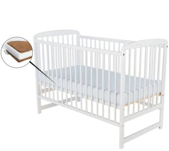 Patut din lemn bebe, 120×60 cm, Din lemn de pin, Stabil si rezistent, Inaltime saltea reglabila pe 3 nivele, Laterala cu 3 bete detasabile, EN716-1, EN716-2, Alb + Saltea 10 cm, Babyneeds, Ola