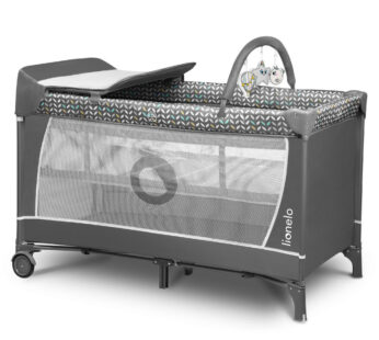 Patut pliant, Lionelo, Flower, Cu doua nivele, Cu arcada, Geanta transport, Masuta de infasat, Bara cu jucarii, Fereastra laterala, 120×60 cm, Conform cu standardele europeane de securitate EN 716 si EN12221, Gri
