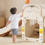 Spatiu de joaca 4 in 1 Nichiduta Happy Bus White cu saltea impermeabila din spuma, Leagan convertibil, Tobogan cu manere si trepte antiderapante, Cos de baschet