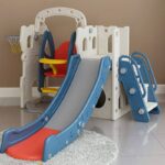 Spatiu de joaca pentru copii 3 in 1 Nichiduta Garden Blue, de interiorexterior, cu platforma, tobogan, leagan cu bara de protectie detasabila, cos de baschet