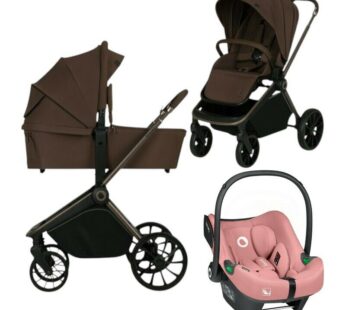 Carucior 3 in 1, Lionelo, Mika Plus, Cu scoica auto Roz testata ADAC, Reversibil, Cu sistem de ventilatie 3D, Cu accesorii, Pana la 22 kg, EN1888-1 EN1888-2 EN1466 ECE R129, Maro
