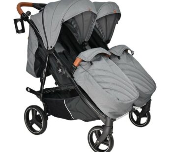 Carucior gemeni, Bebe Stars, Double Trouble, De la nastere pana la 22 Kg, Cadru din aluminiu, Pliabil, Spatar reglabil in 5 pozitii, Cu 2 saci de picioare, 2 huse de ploaie si suport pahar, Conform cu EN1888-1,2:2018, Grey