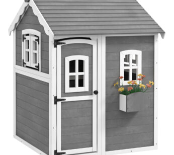 Outsunny Căsuță de joacă pentru copii, casă pentru interior și exterior cu ușă, ferestre și lădiță pentru flori, lemn de brad, gri | Aosom Romania